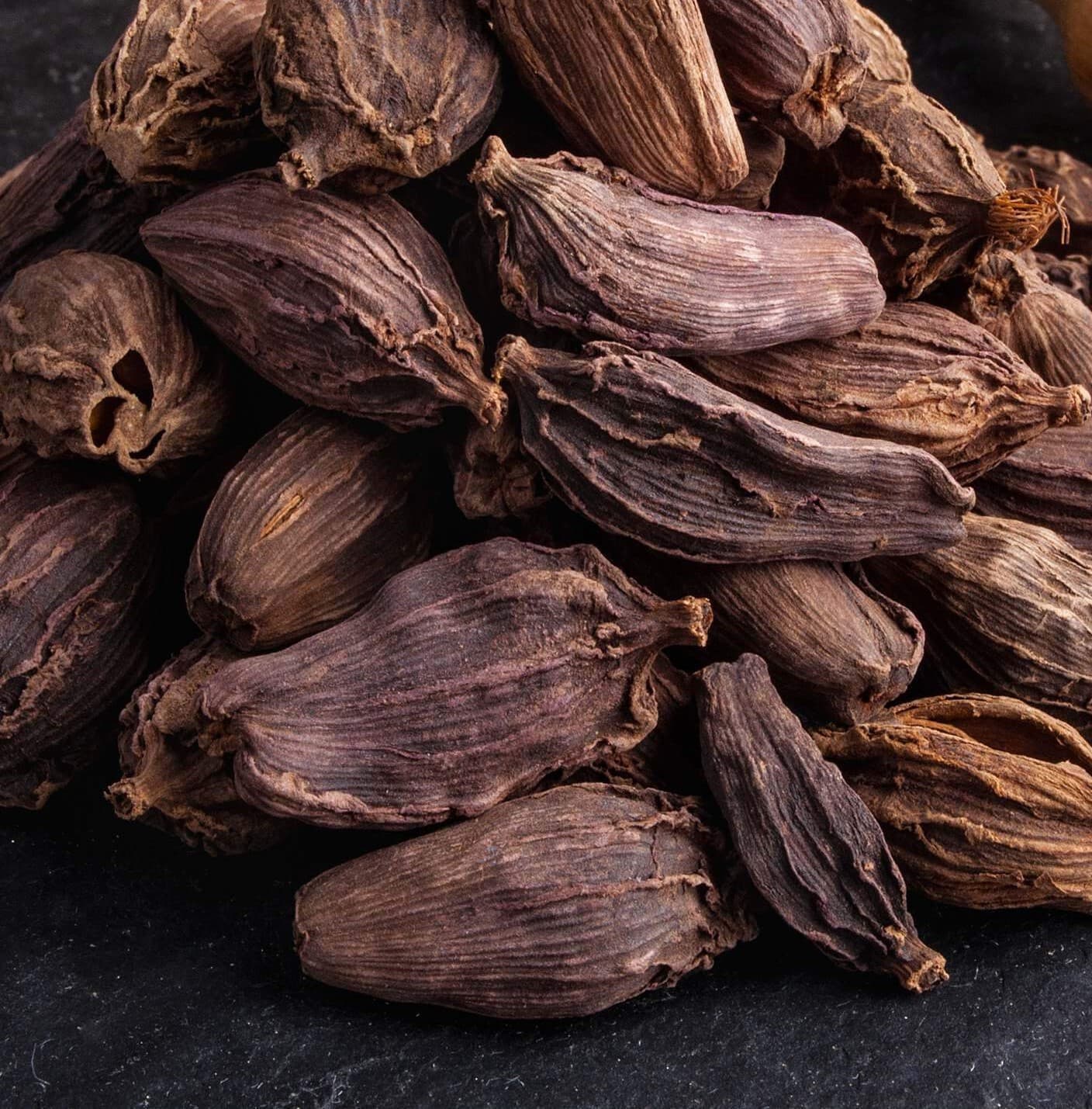 Black cardamom pods used in Indian cooking