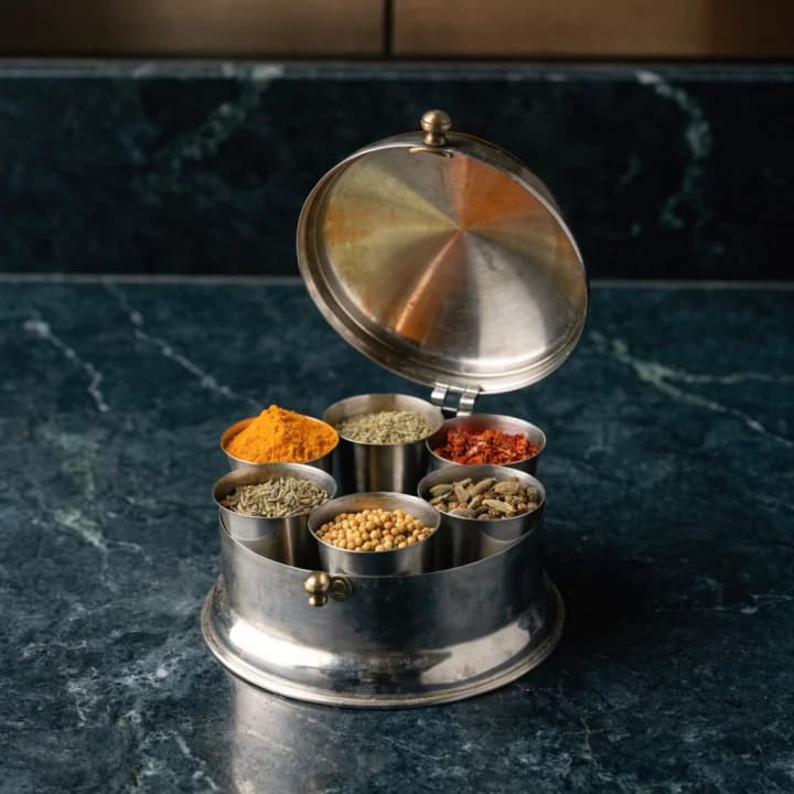 Open stainless-steel masala dabba filled with spices