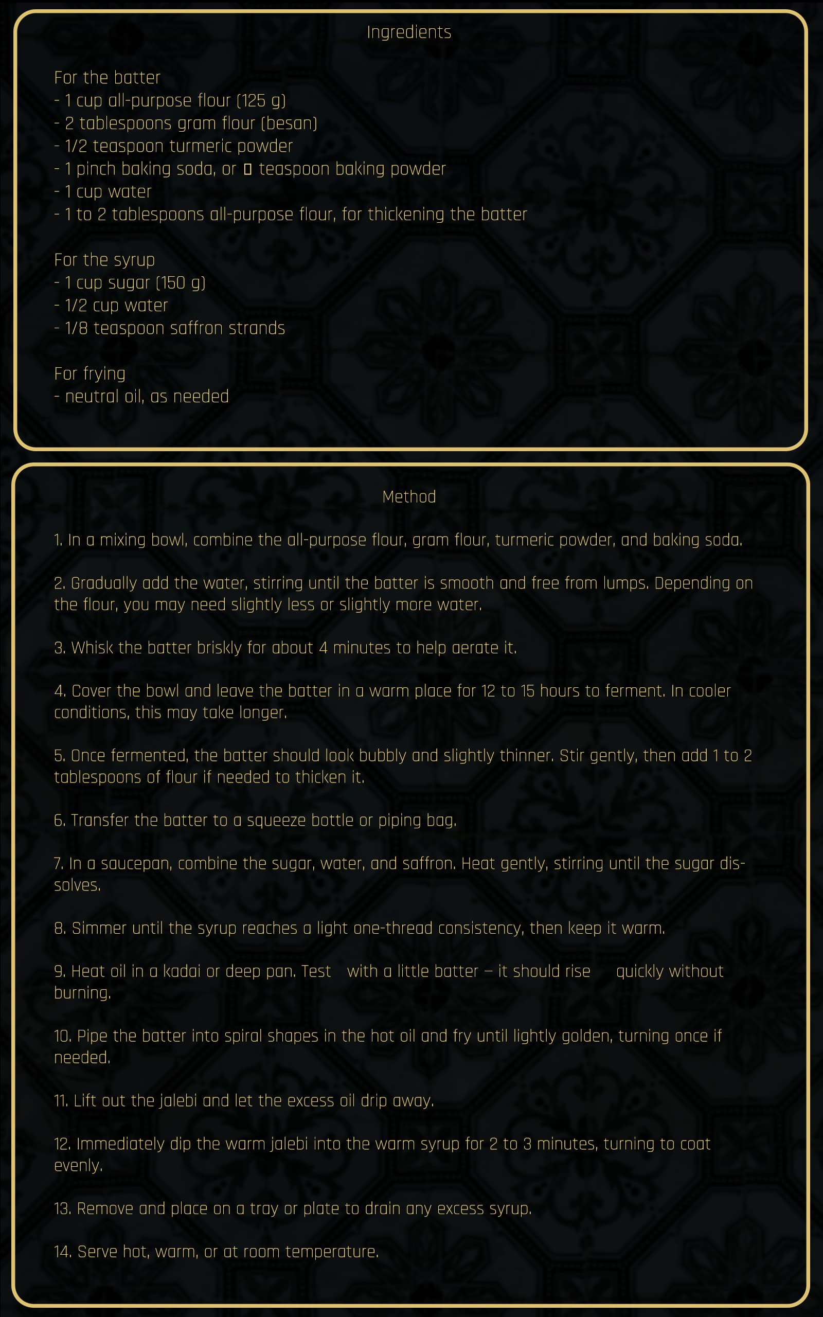 Original framed jalebi ingredients and method page preview