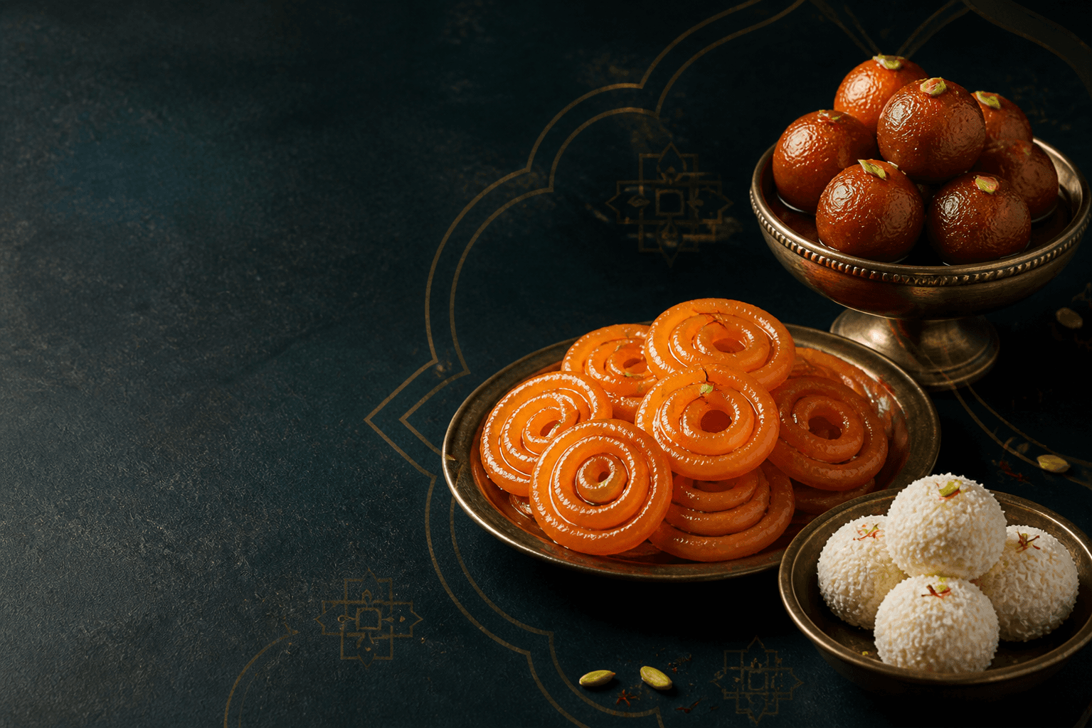 Jalebi, vegan gulab jamun and coconut ladoo arranged for a Vegan Masala celebration