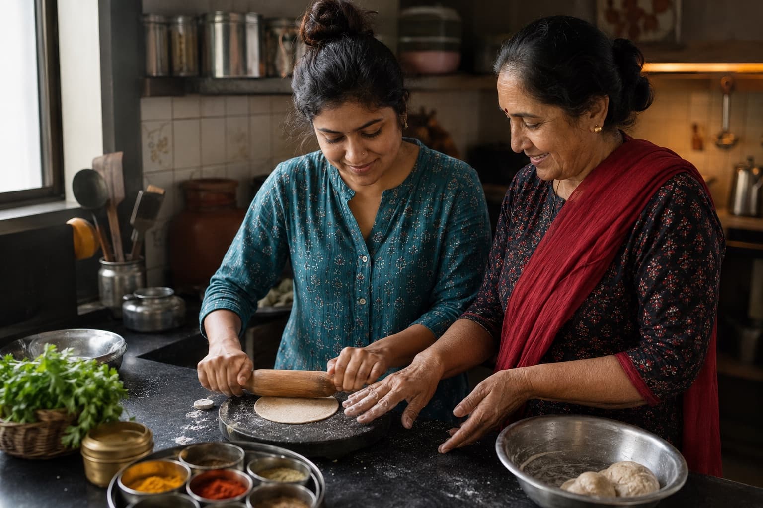Indian bread being cooked and served in a home kitchen