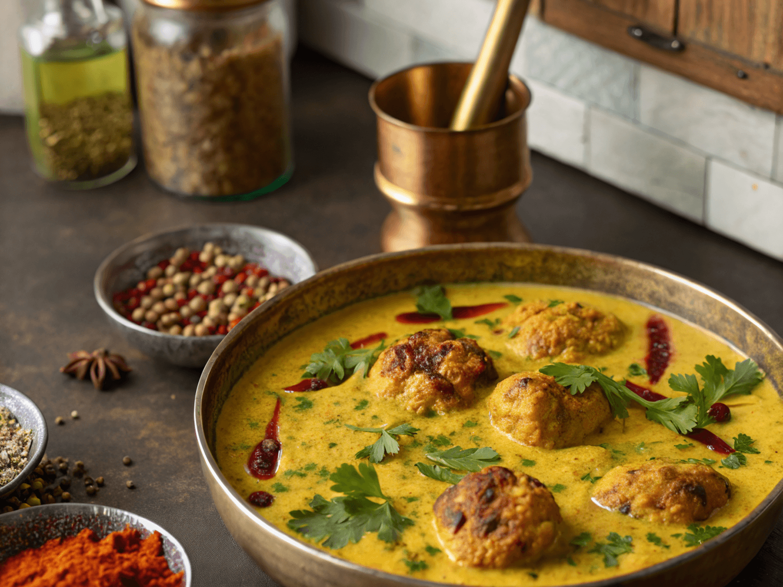 Punjabi Kadhi Pakora - Onion fritters with spiced yogurt sauce